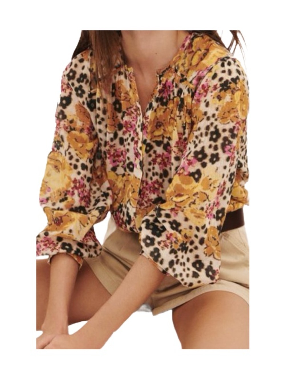ba&sh NWOT Doddy Cotton Floral Print Blouse in Ochre Size Small